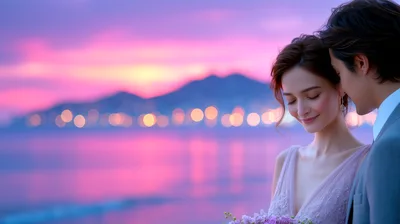 Romantic Couple Embracing During Sunset At The Beach
