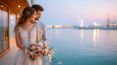 Newlywed Couple Standing Together On A Waterfront Deck