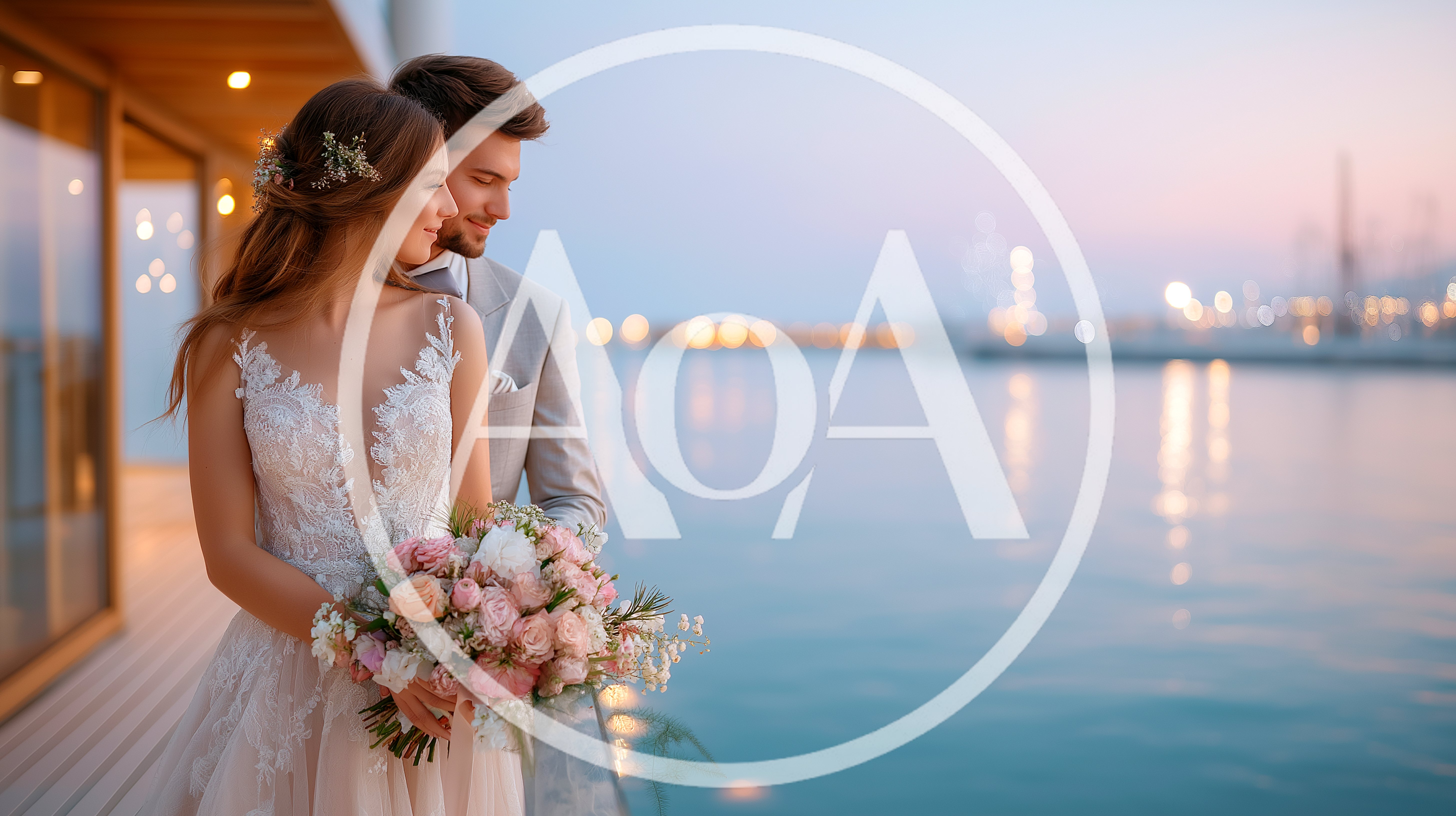 Newlywed Couple Standing Together On A Waterfront Deck