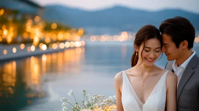 Happy Newlywed Couple Embracing By A Waterfront At Sunset