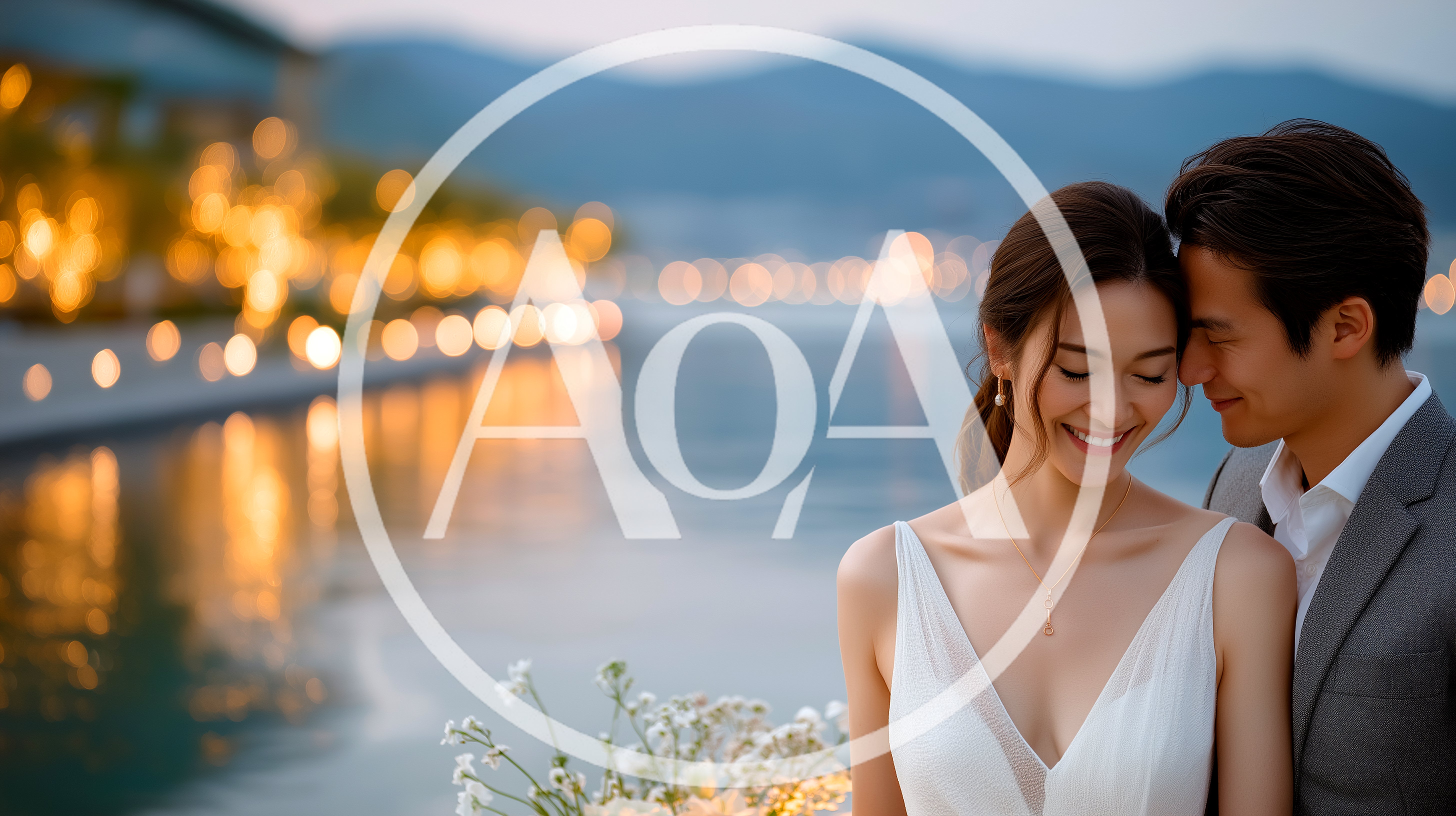Happy Newlywed Couple Embracing By A Waterfront At Sunset