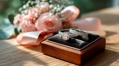 Diamond Engagement Rings In Wooden Box With Flowers