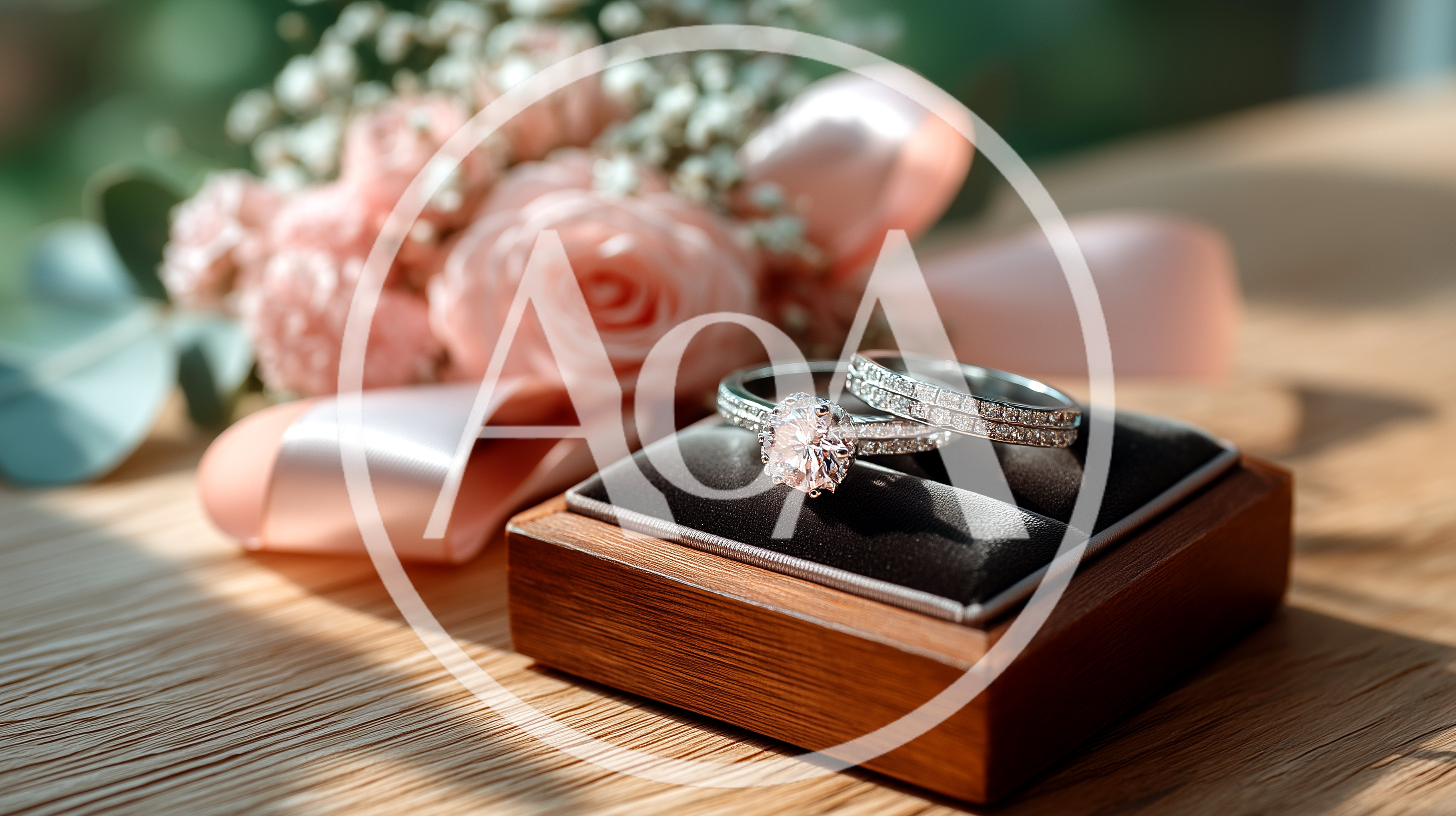 Diamond Engagement Rings In Wooden Box With Flowers