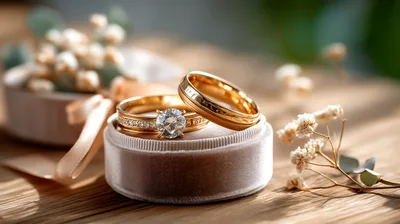 Gold Wedding Rings Resting On A Velvet Ring Box