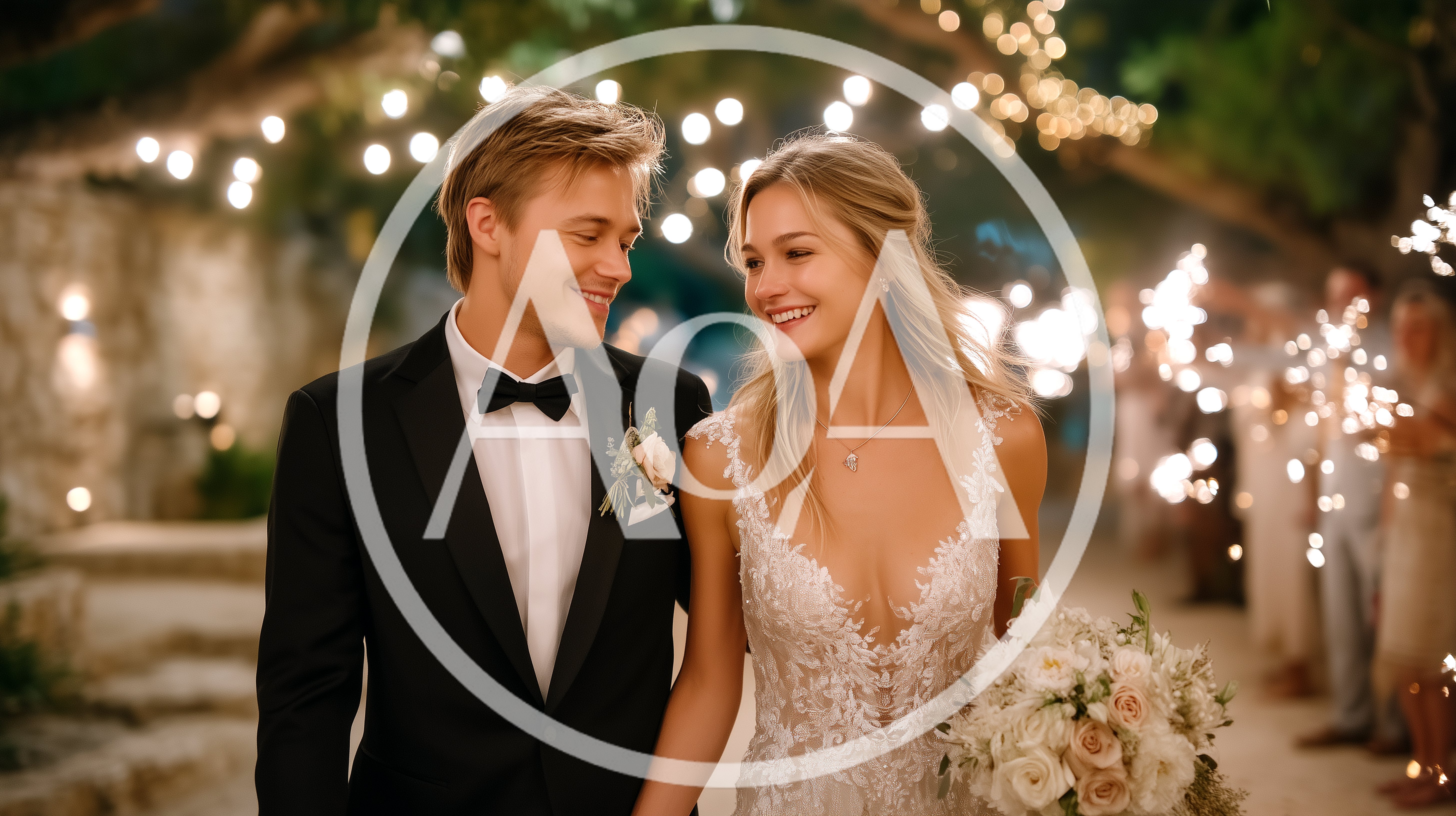 Happy Newlywed Couple Walking Through Sparkler Exit