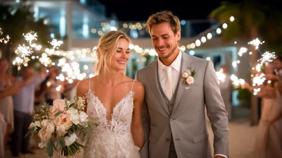 Newlywed Couple Walking Through Sparkler Exit At Night