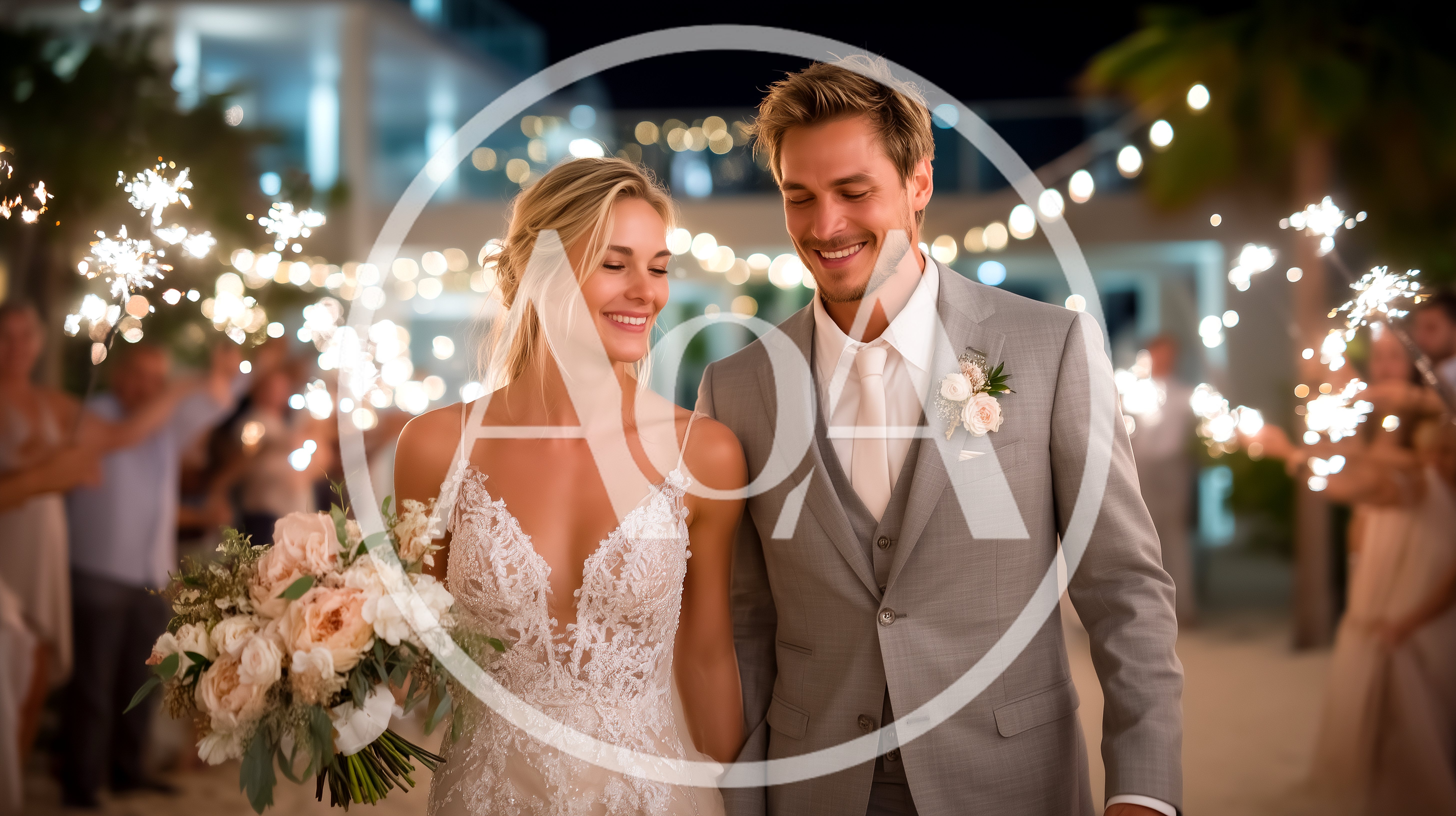 Newlywed Couple Walking Through Sparkler Exit At Night
