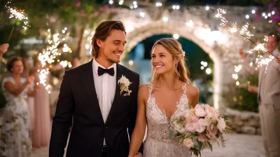 Newlywed Couple Walking Through Sparkler Exit At Wedding