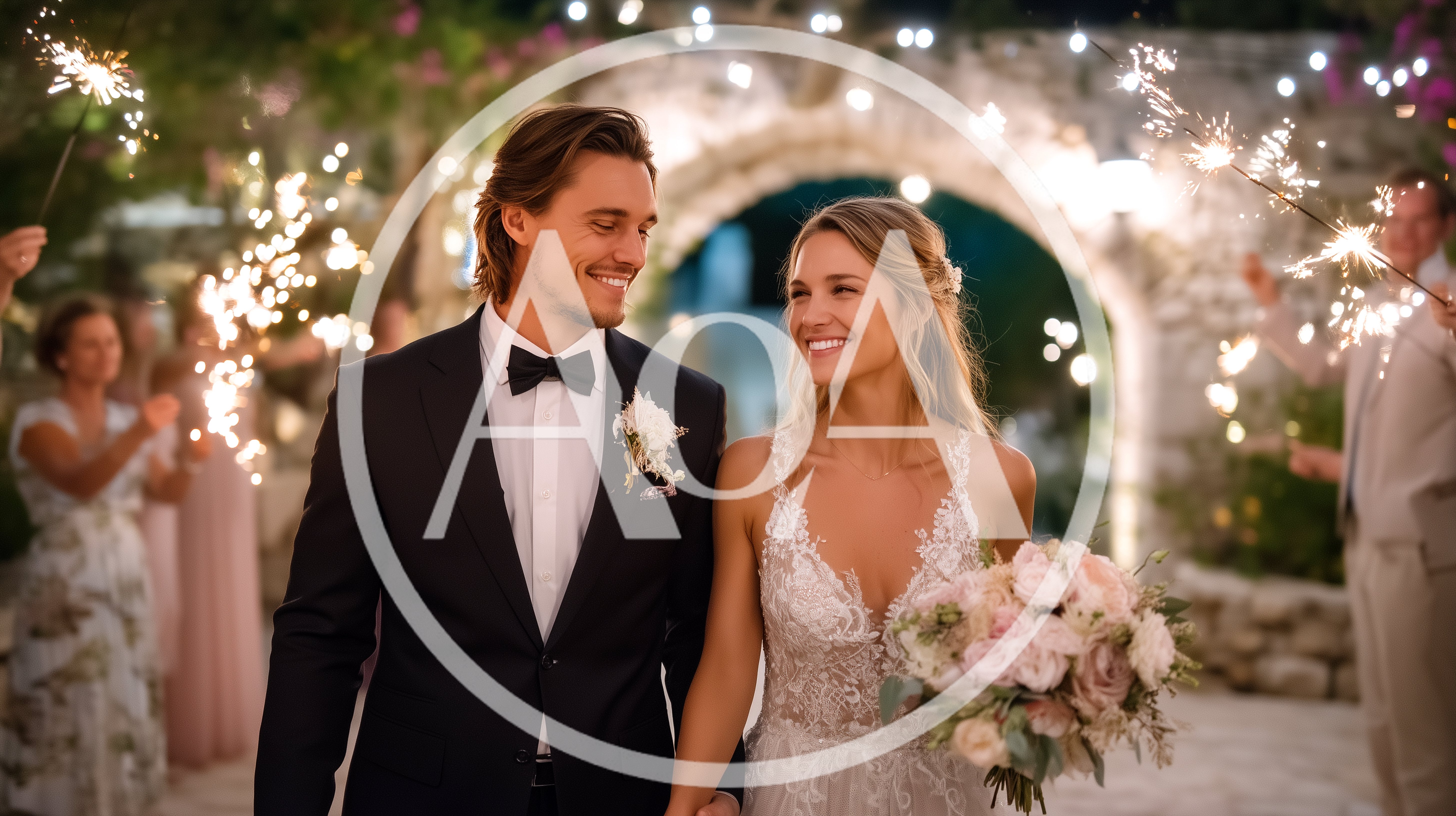 Newlywed Couple Walking Through Sparkler Exit At Wedding