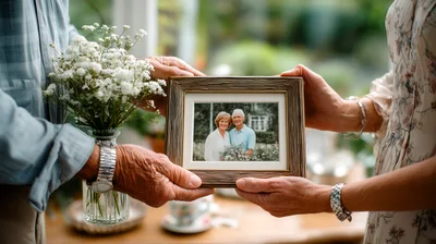 Elderly Couple Holding A Framed Photograph Together