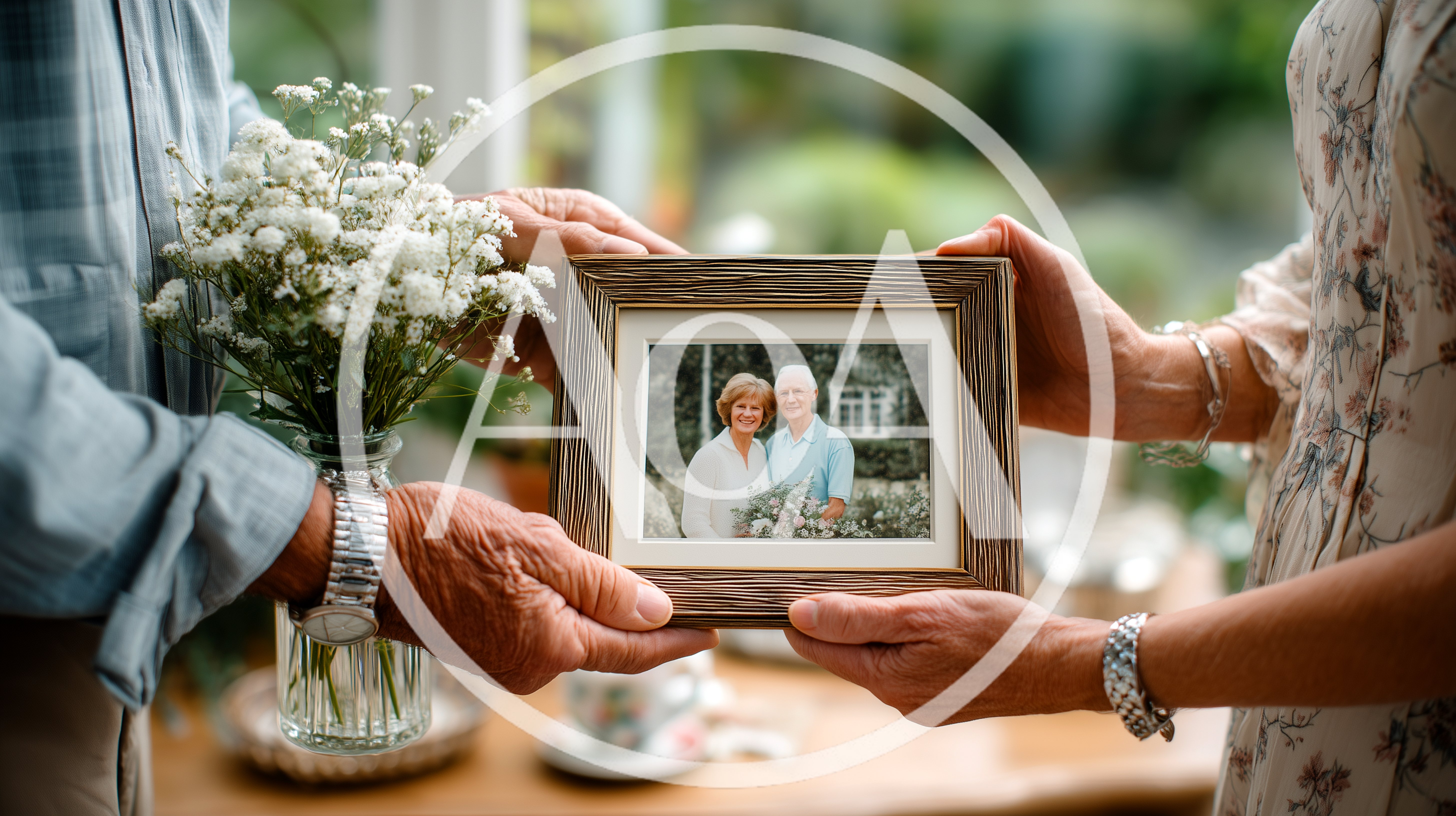 Elderly Couple Holding A Framed Photograph Together