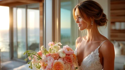 Elegant Bride Holding Floral Bouquet By Ocean View Window