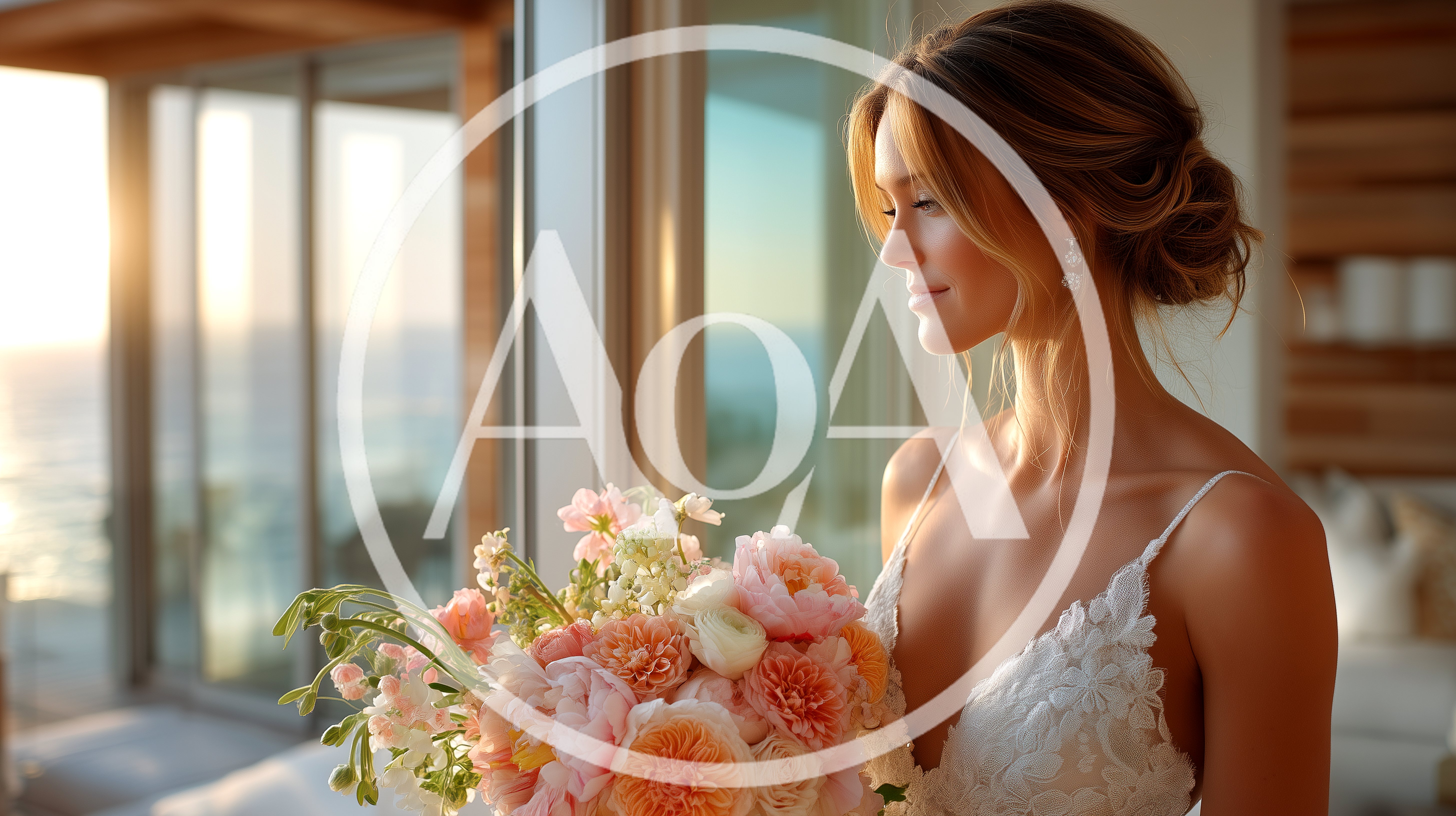 Elegant Bride Holding Floral Bouquet By Ocean View Window