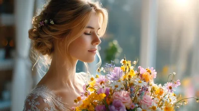 Beautiful Bride Holding A Colorful Wildflower Bouquet