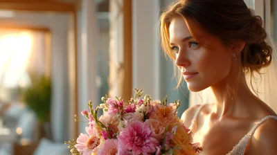 Beautiful Bride Holding Floral Bouquet Near Window