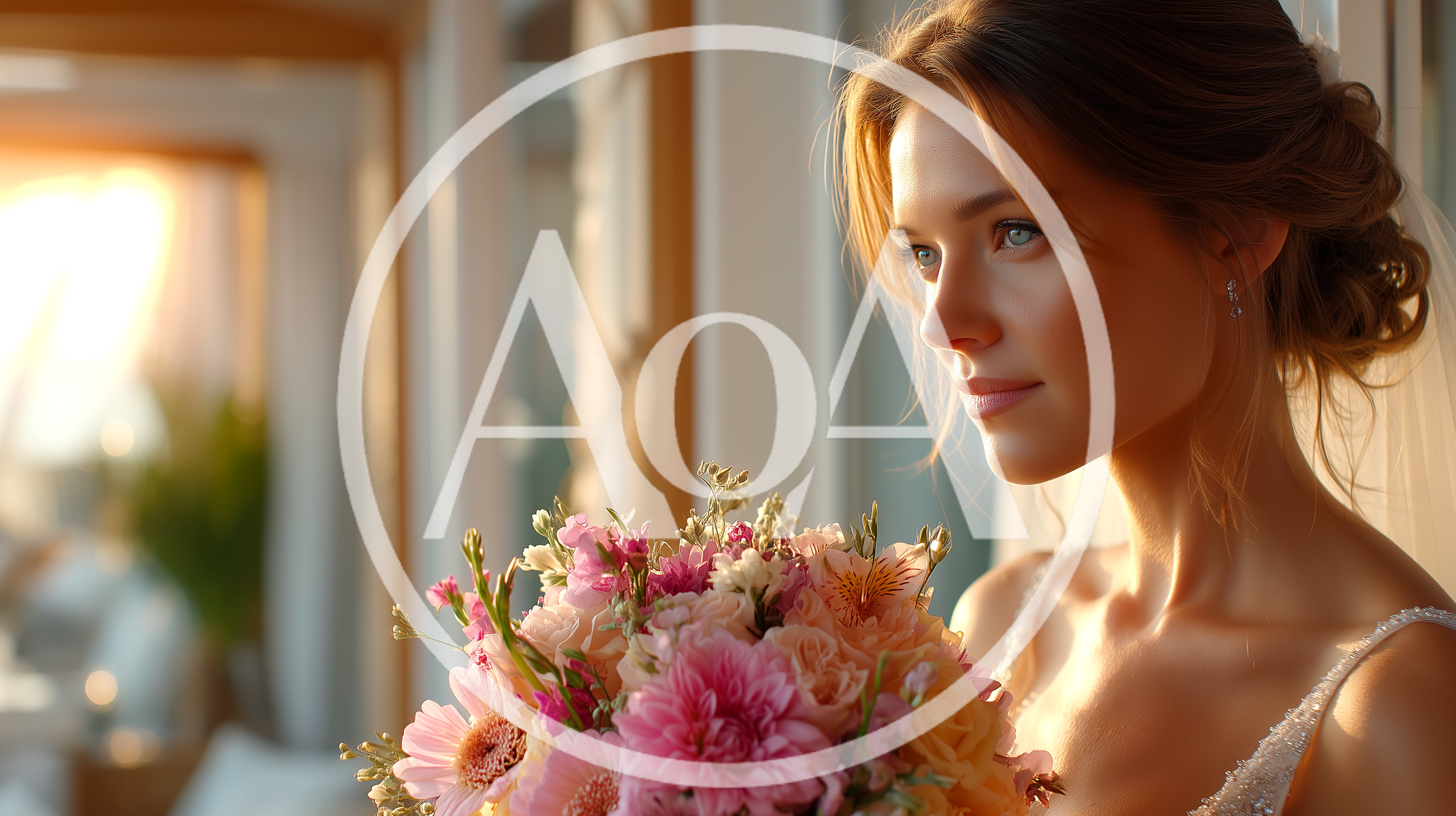 Beautiful Bride Holding Floral Bouquet Near Window