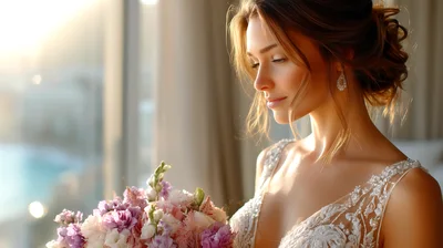 Beautiful Bride Holding Floral Bouquet Near Window