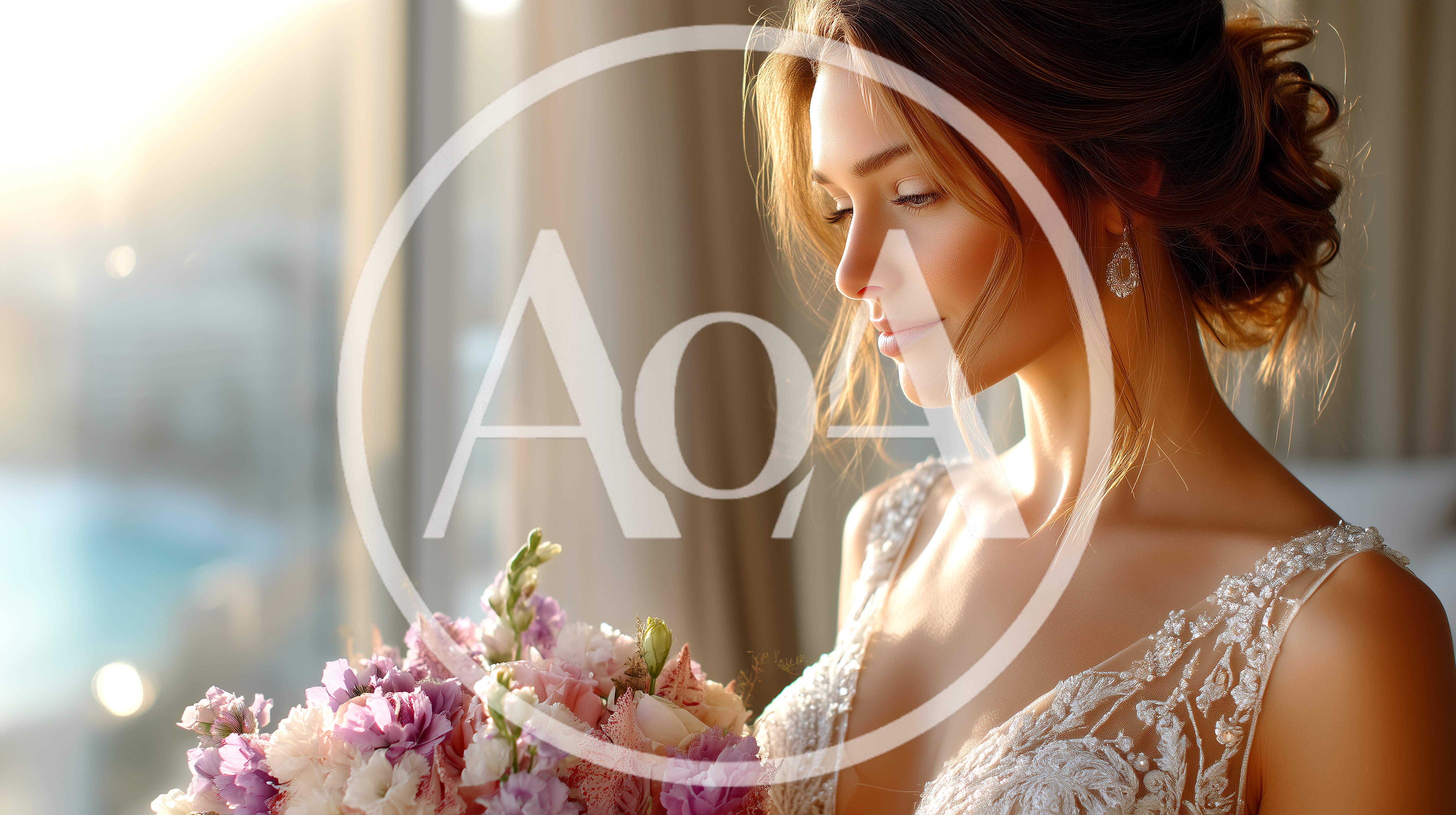 Beautiful Bride Holding Floral Bouquet Near Window
