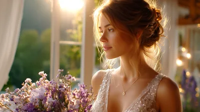 Beautiful Bride Holding Flowers Near A Sunny Window