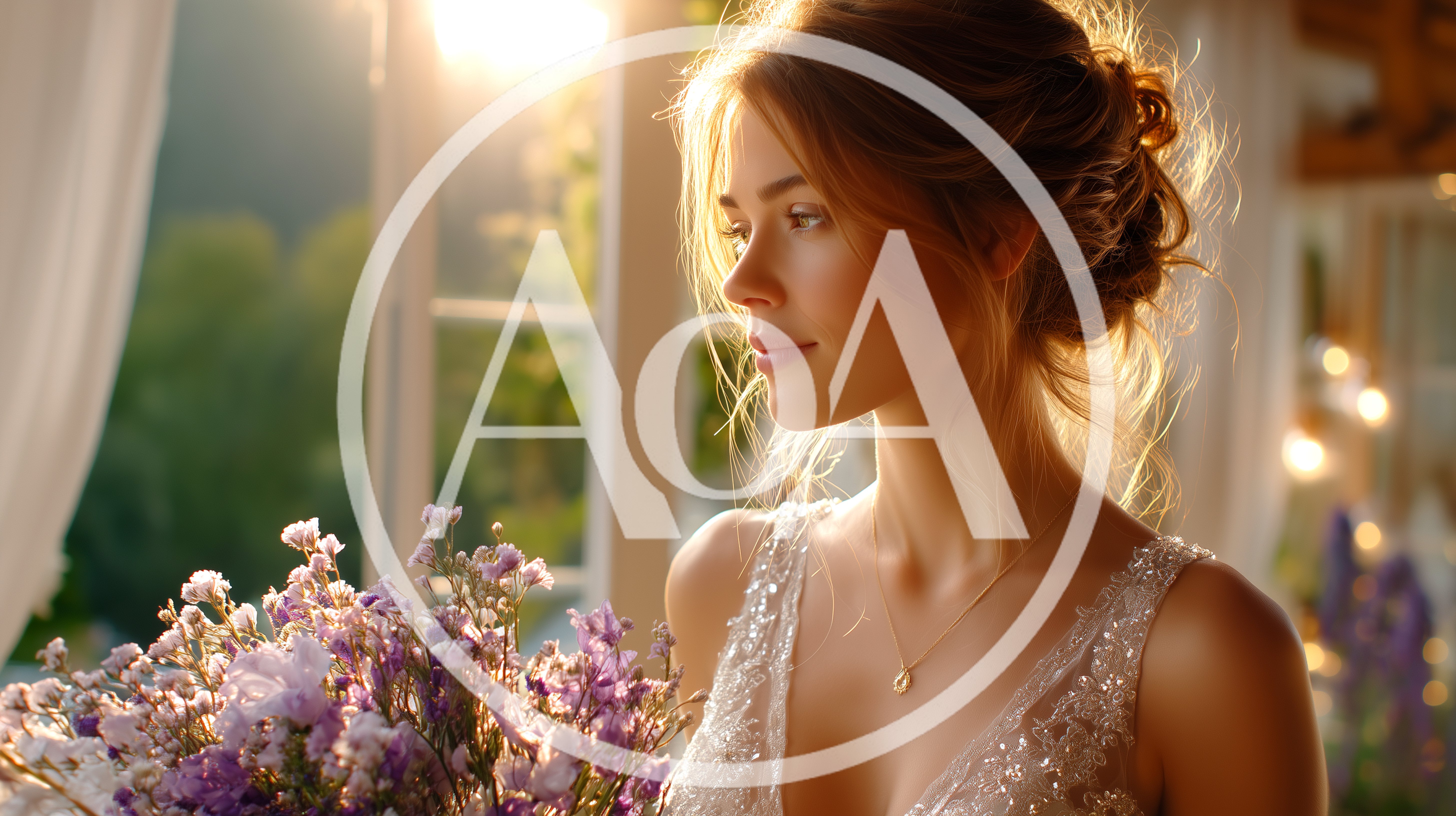 Beautiful Bride Holding Flowers Near A Sunny Window