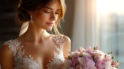 Beautiful Bride Holding A Bouquet Of Pink Flowers