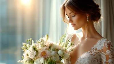 Elegant Bride Holding Floral Bouquet Near Window