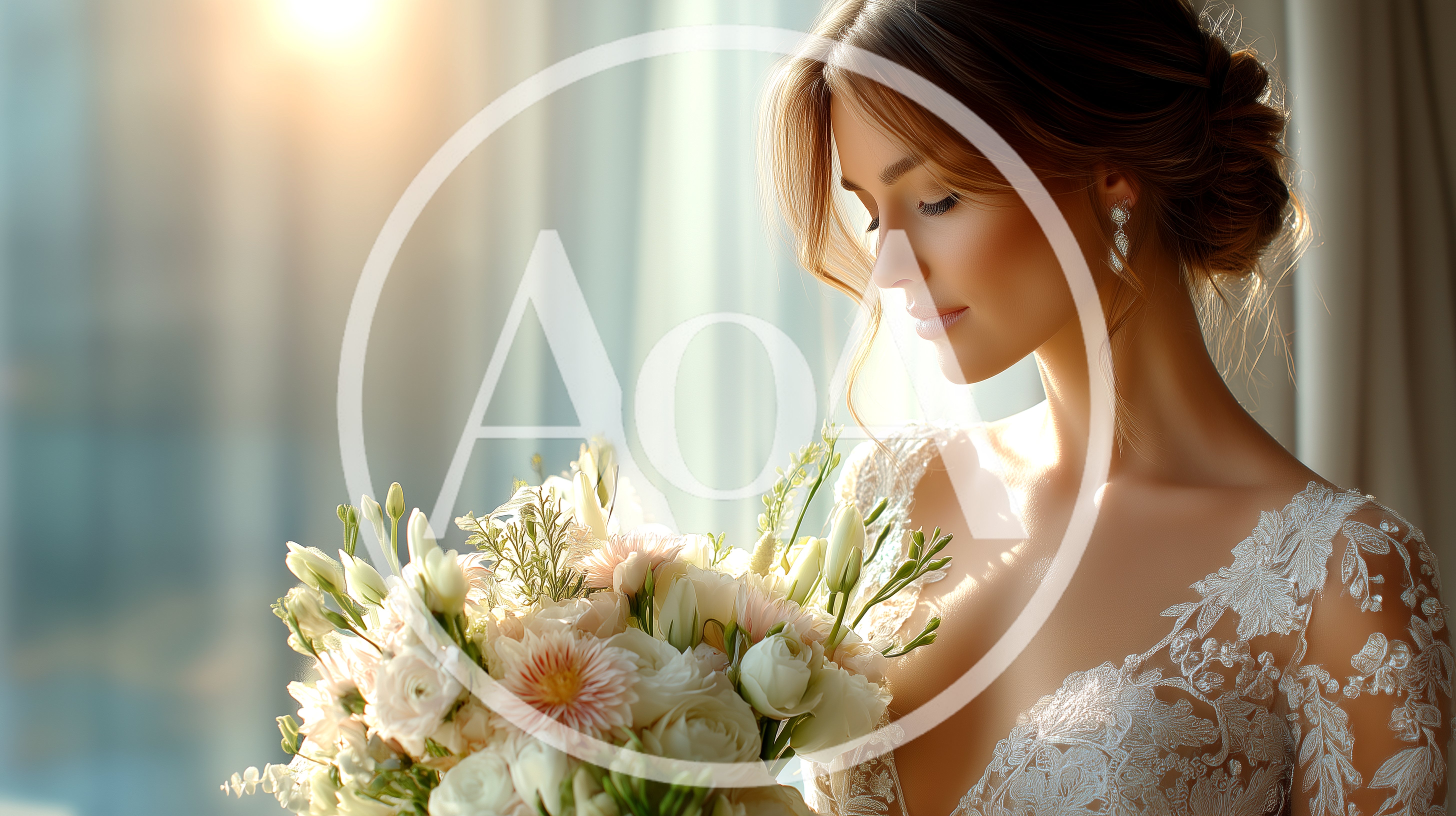 Elegant Bride Holding Floral Bouquet Near Window