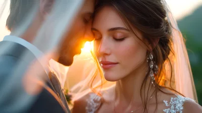 Romantic Wedding Couple Embracing During Golden Hour