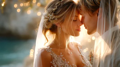 Romantic Newlywed Couple Sharing Intimate Moment Under Veil