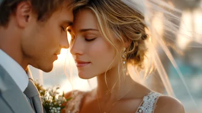 Romantic Newlywed Couple Embracing During Golden Hour