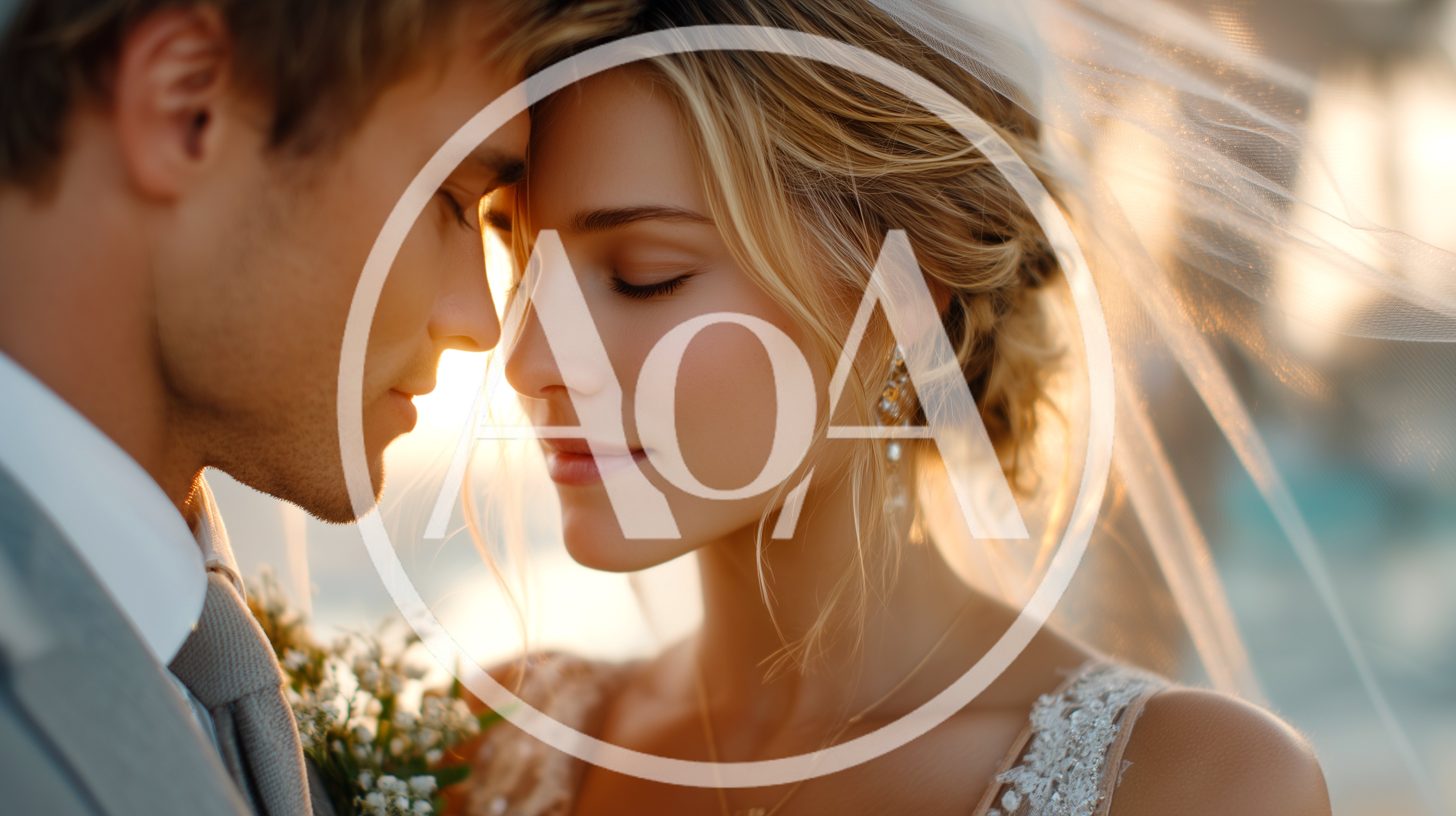 Romantic Newlywed Couple Embracing During Golden Hour
