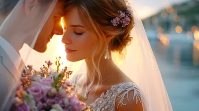 Romantic Bride And Groom Embracing At Sunset