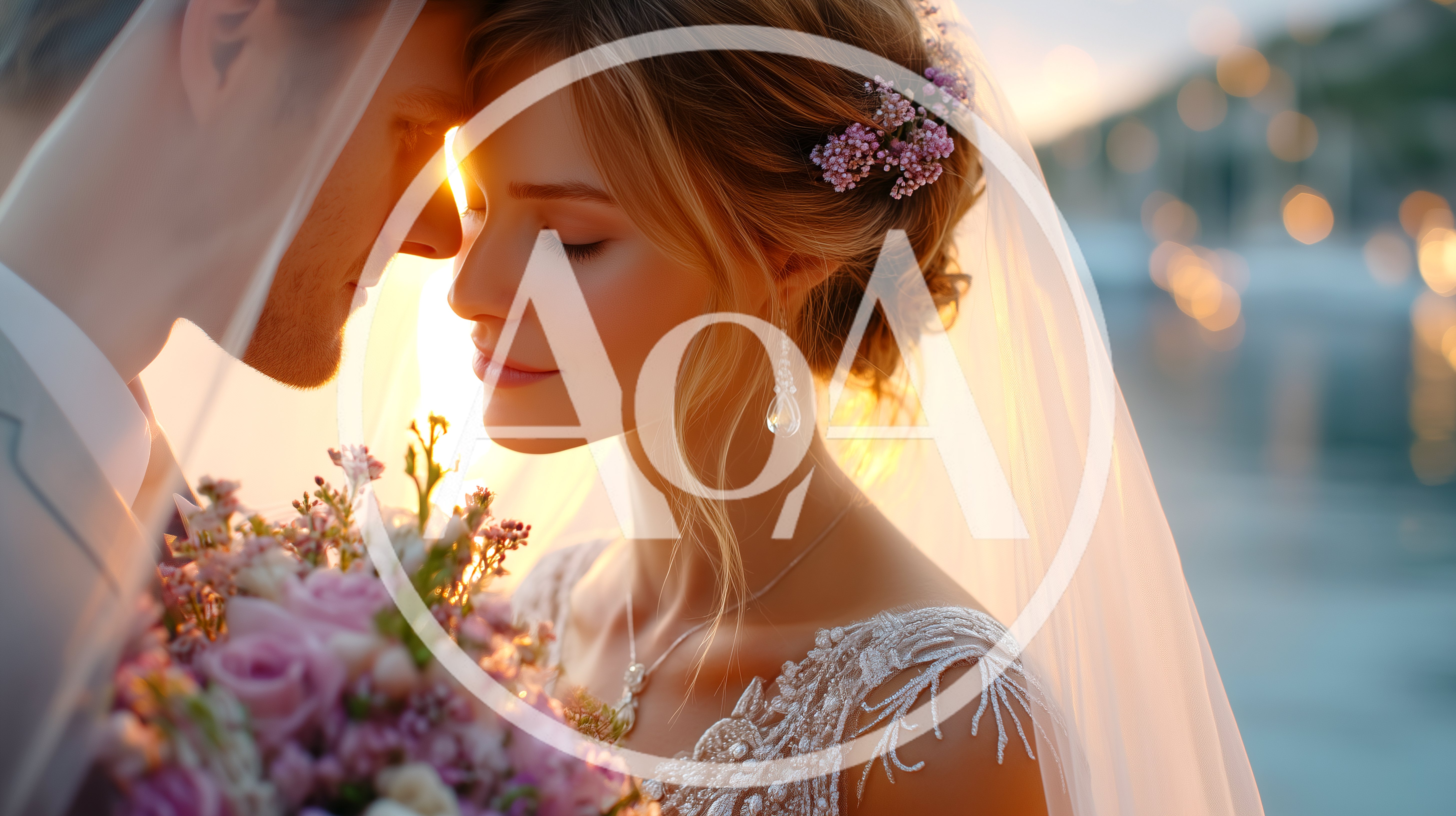 Romantic Bride And Groom Embracing At Sunset