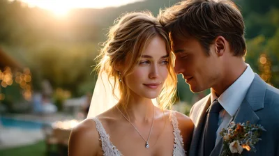 Romantic Newlywed Couple Embracing At Sunset Wedding Reception