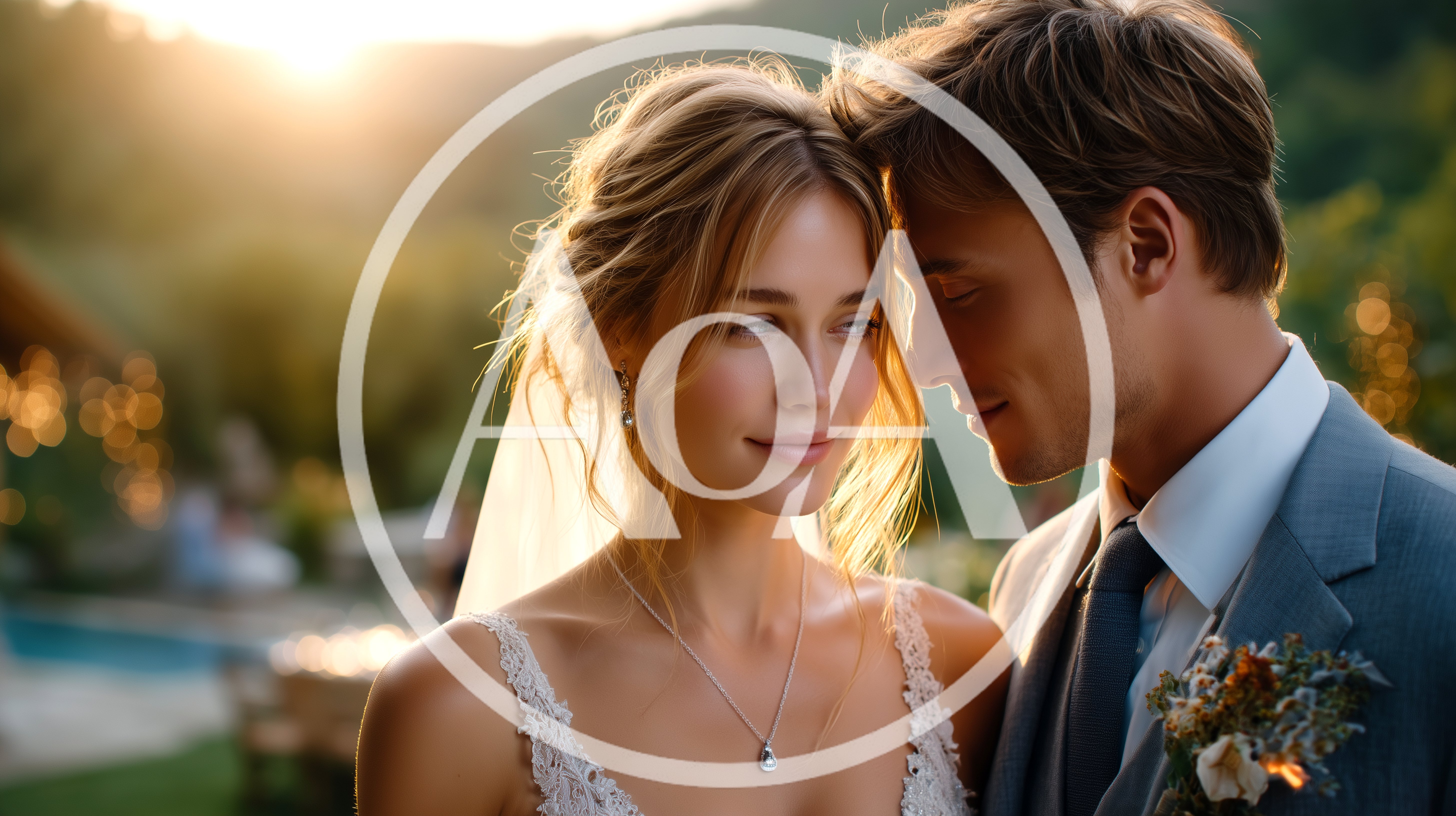 Romantic Newlywed Couple Embracing At Sunset Wedding Reception