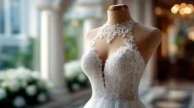 Elegant White Lace Wedding Dress On Mannequin