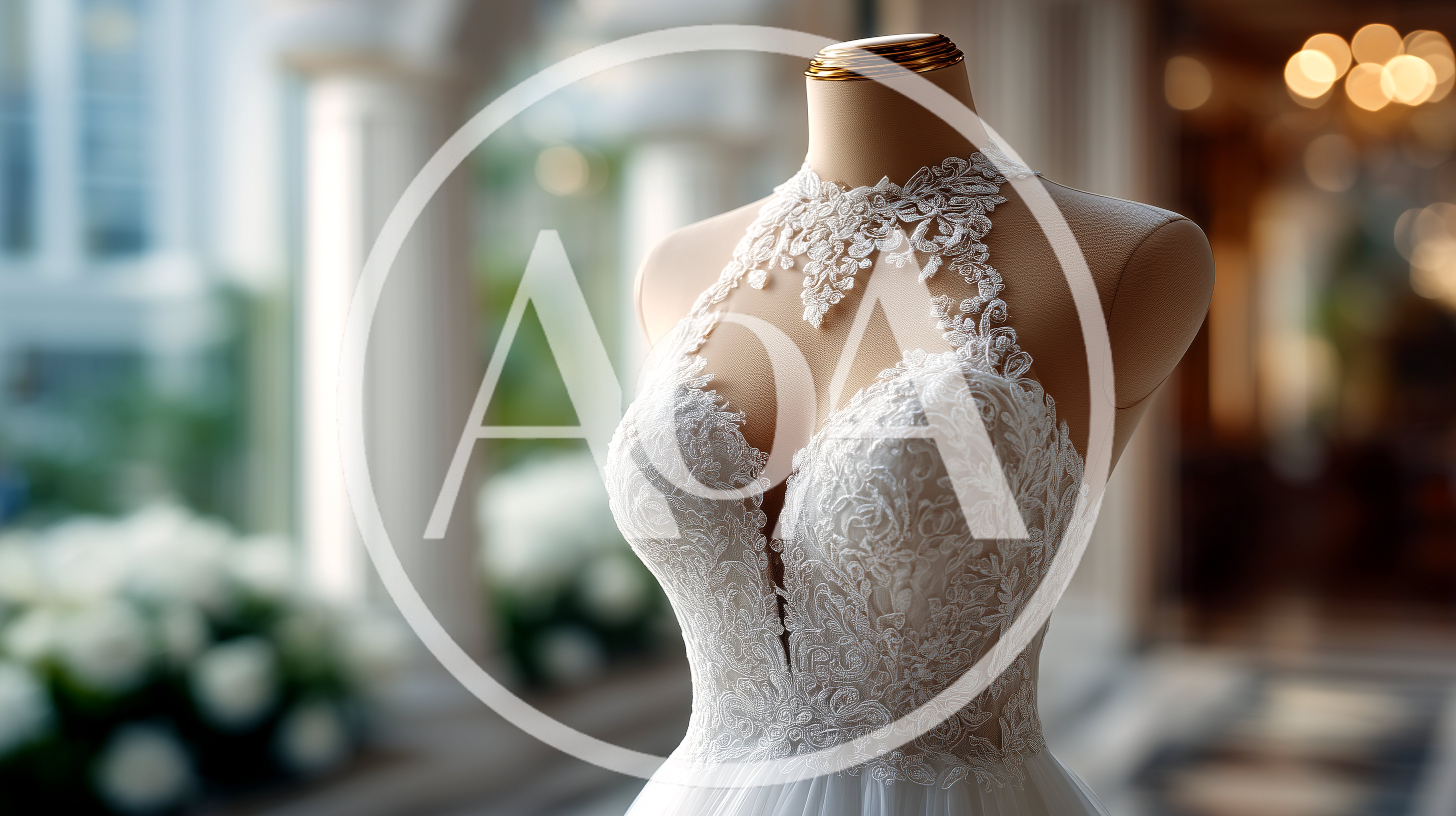 Elegant White Lace Wedding Dress On Mannequin