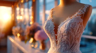 Elegant White Lace Wedding Dress On Mannequin