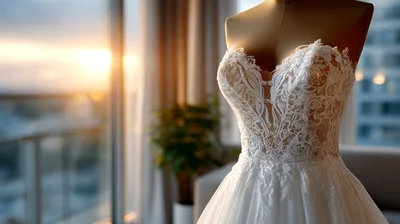 Elegant White Lace Wedding Dress On Mannequin