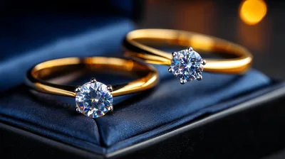 Two Gold Diamond Engagement Rings In Blue Box