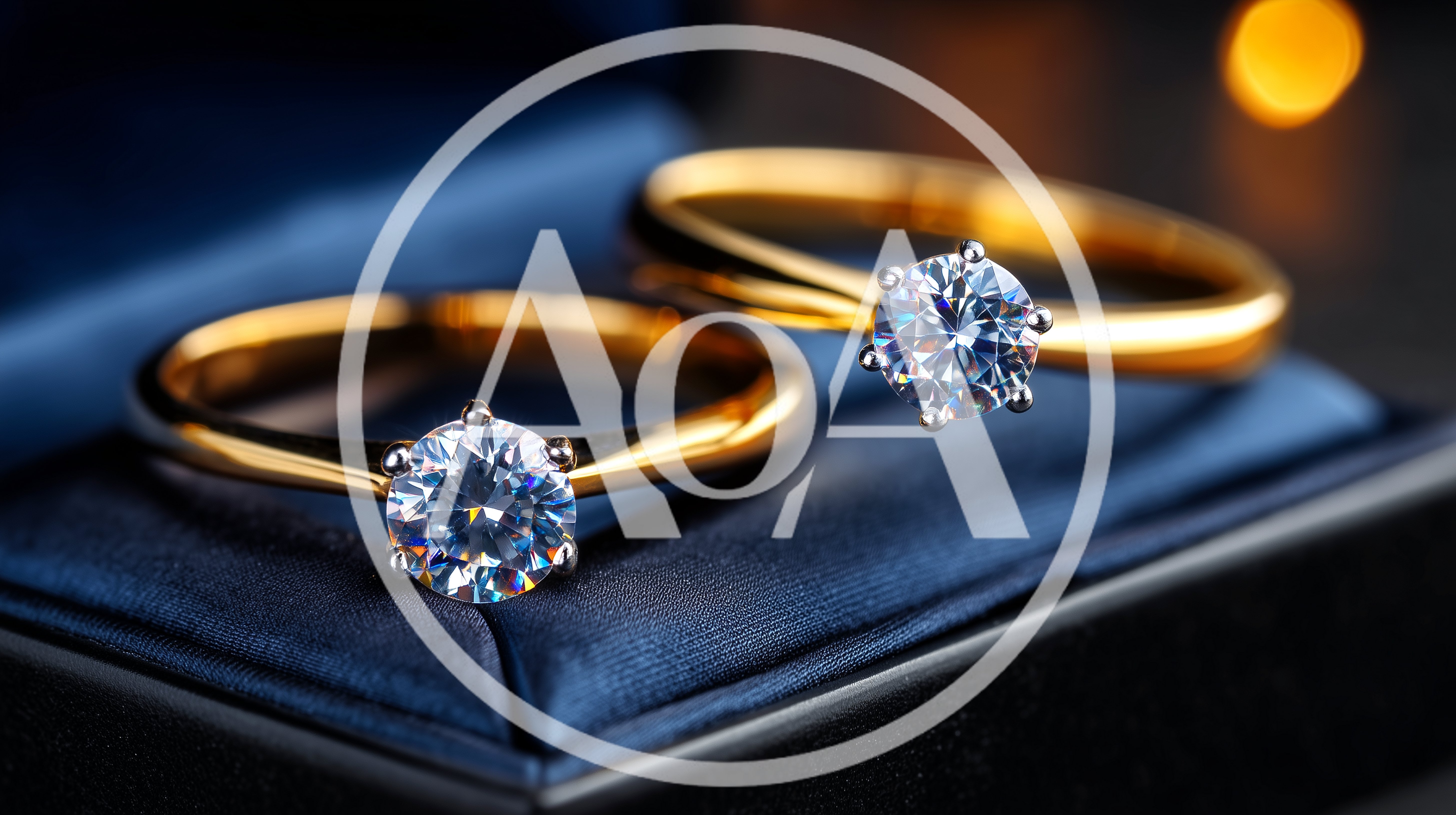 Two Gold Diamond Engagement Rings In Blue Box