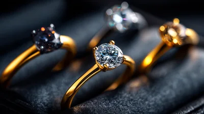 Close Up Of Three Elegant Gold Diamond Rings