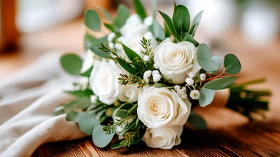 Elegant White Rose Wedding Bouquet on Wooden Table