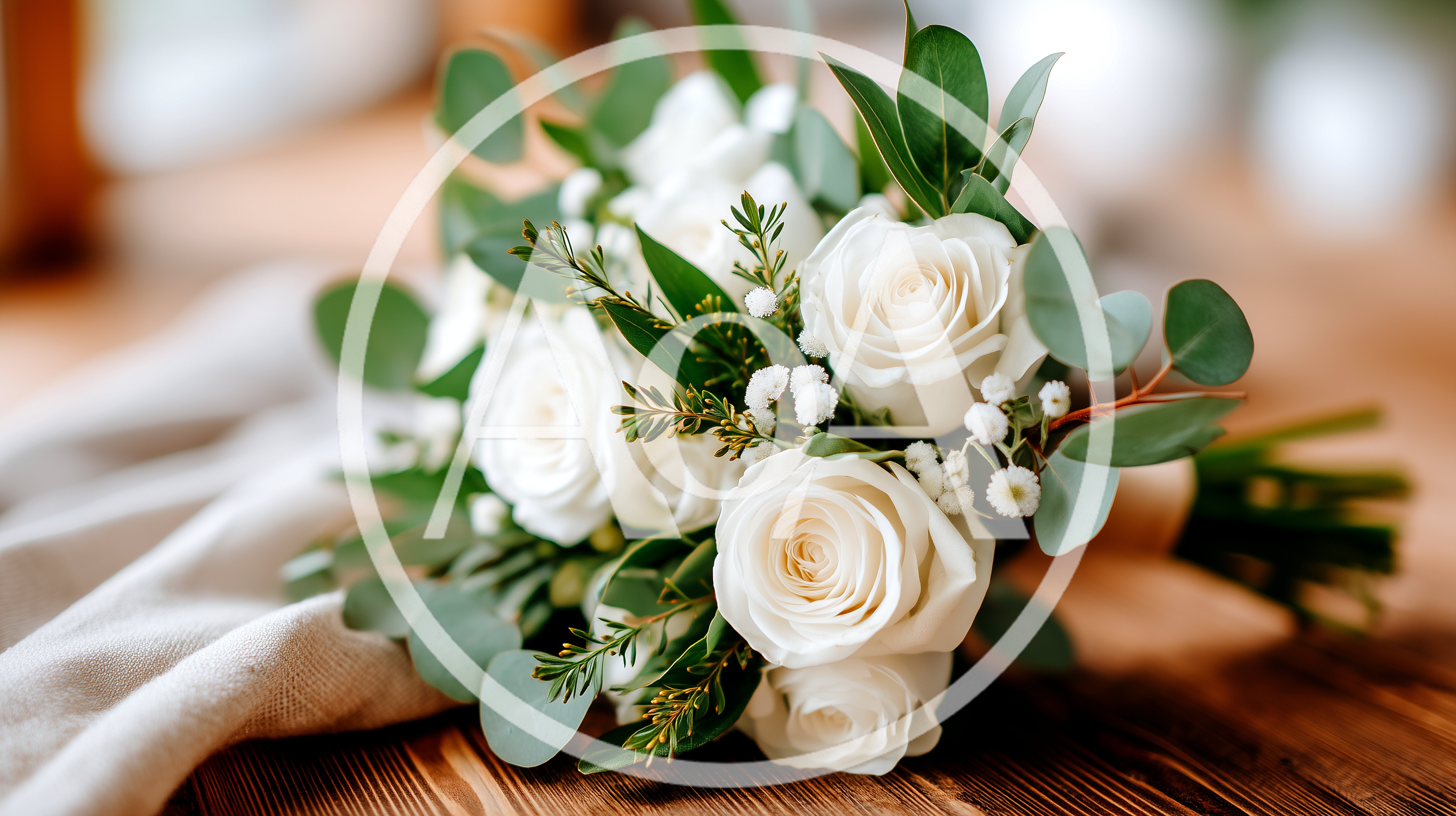 Elegant White Rose Wedding Bouquet on Wooden Table