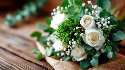 Elegant White Rose Wedding Bouquet on Rustic Wood