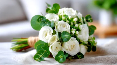 Elegant White Rose Wedding Bouquet With Eucalyptus