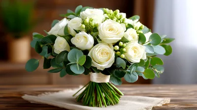 Elegant White Rose Bouquet With Eucalyptus Leaves