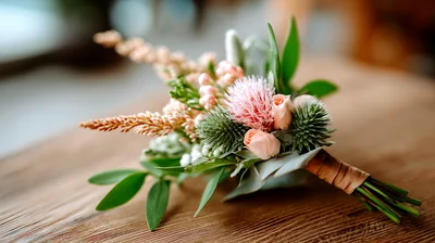 Wedding Boutonniere With Pink Flowers And Greenery