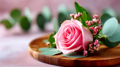 Pink Rose Boutonniere on a Wooden Plate