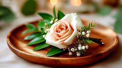 Peach Rose Boutonniere on a Wooden Plate